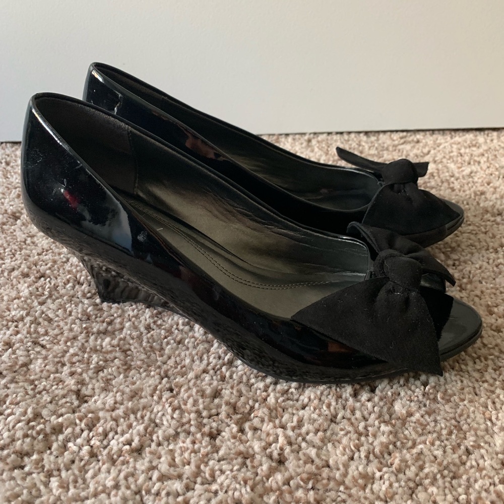 Black patent wedge heels